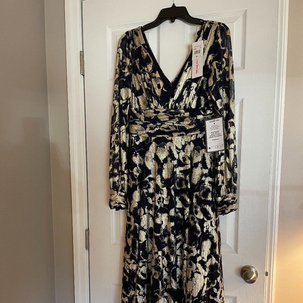 Betsy & Adam navy and gold long dress